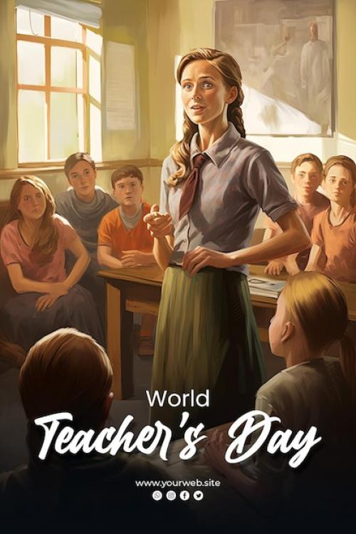 Premium PSD | World teachers day background and teacher stands in the center of a traditional classroom Premium PSD