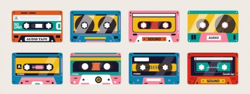 Premium Vector | Colorful tape cassette vintage analog audio tape with magnetic label retro 80s cassette with stereo sound vector collection of old audio stereo illustration Premium PSD