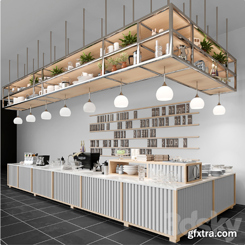 Design project of a coffee house in loft style with a coffee machine and dishes. Cafe
