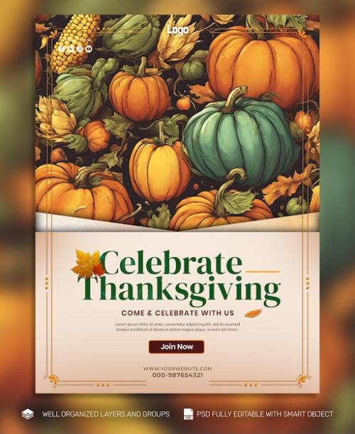 Premium PSD | Psd template banner and flyer thanksgiving and the harvest feast social media post Premium PSD