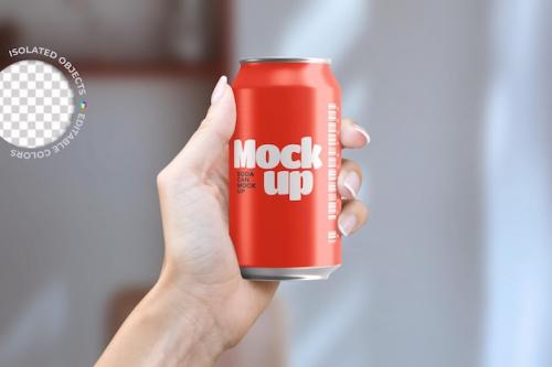 Premium PSD | Mockup of aluminium soda beer can in hand Premium PSD