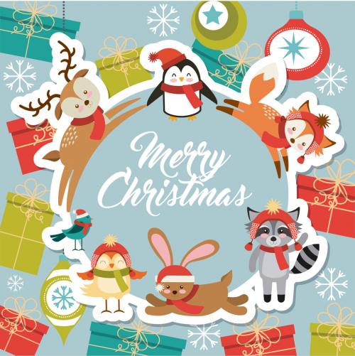 Cute Animal Christmas Greeting on a Gift and Ornament Background - 124166926