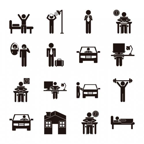 16 Black and White Daily Routine Pictogram Icons - 124182568