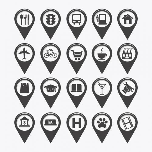 20 Grayscale GPS and Map Locator Icons with Pictograms Inset - 124388406