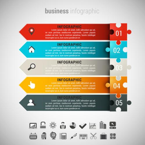 Puzzle Piece and Arrow Element Business Infographic with Grayscale Icon Set - 124640637