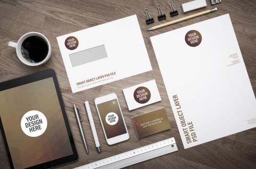 Smartphone and Stationery on Wooden Desk Mockup 1 - 124667837