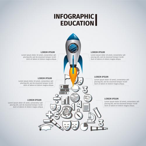 Education Infographic with Rocket Illustration Element and Hand Drawn Style Icons - 125033301