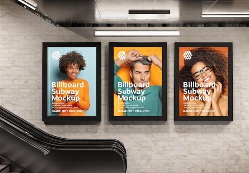 Premium PSD | Three vertical billboards in subway station mockup Premium PSD