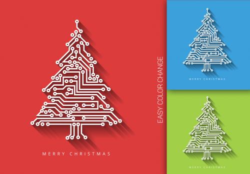 Computer Chip Christmas Tree Illustration on Colored Backgrounds - 125523460