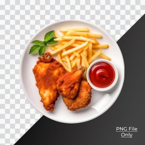 Premium PSD | White plate of a fried chicken french fries and tomato sauce Premium PSD