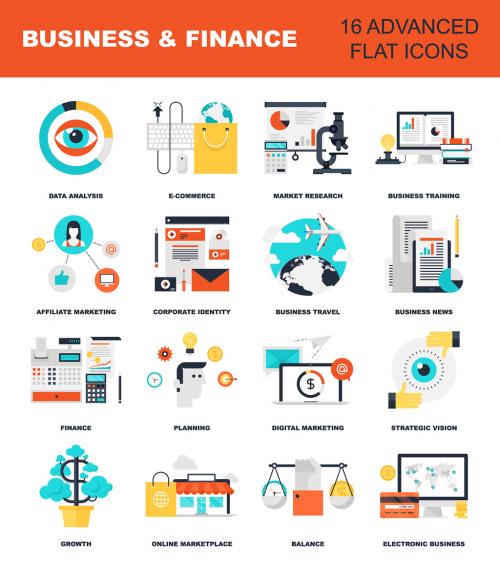 16 Flat Colorful Business and Travel Icons - 132369124