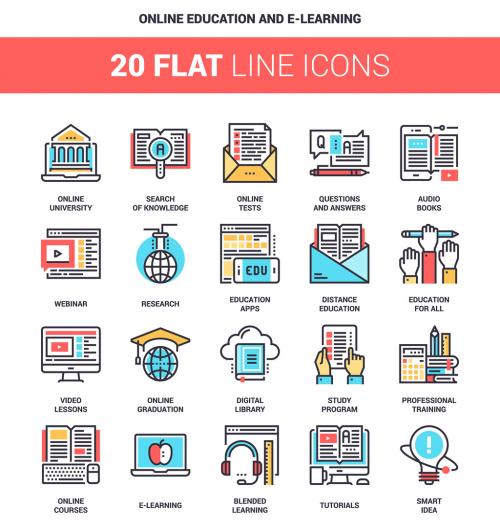 20 Five-Color Line Art E-Learning Icons - 135221488