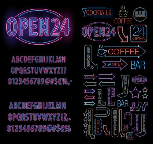 Colorful Neon Style Alphabet and Icon Set - 159938864