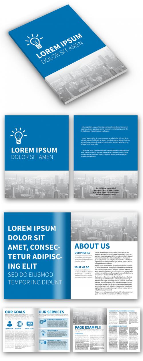 Blue and White Brochure Layout with City Skyline Image - 160979092