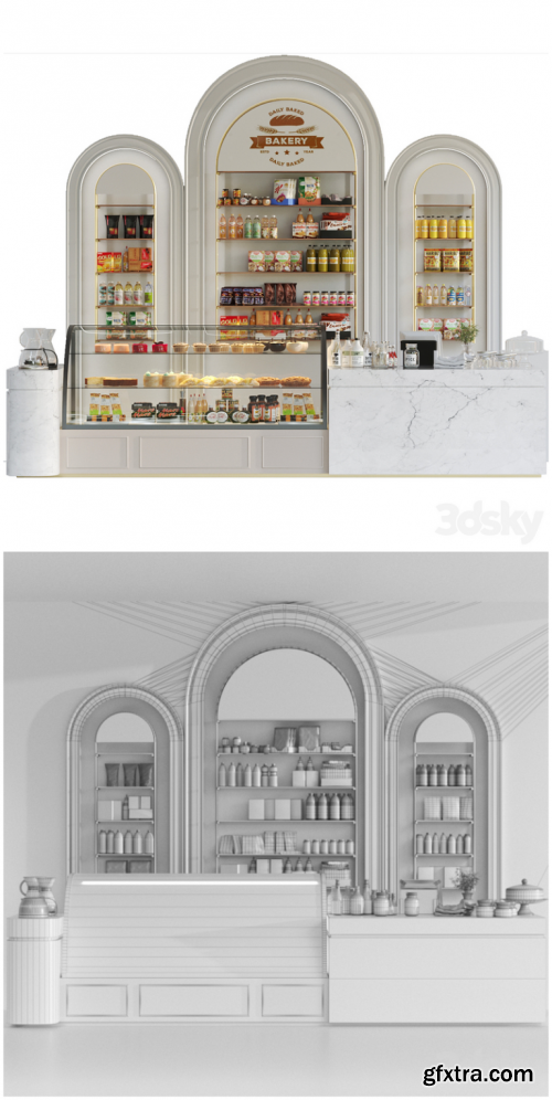 Design project of a coffee house in a classic style with a showcase with desserts and sweets