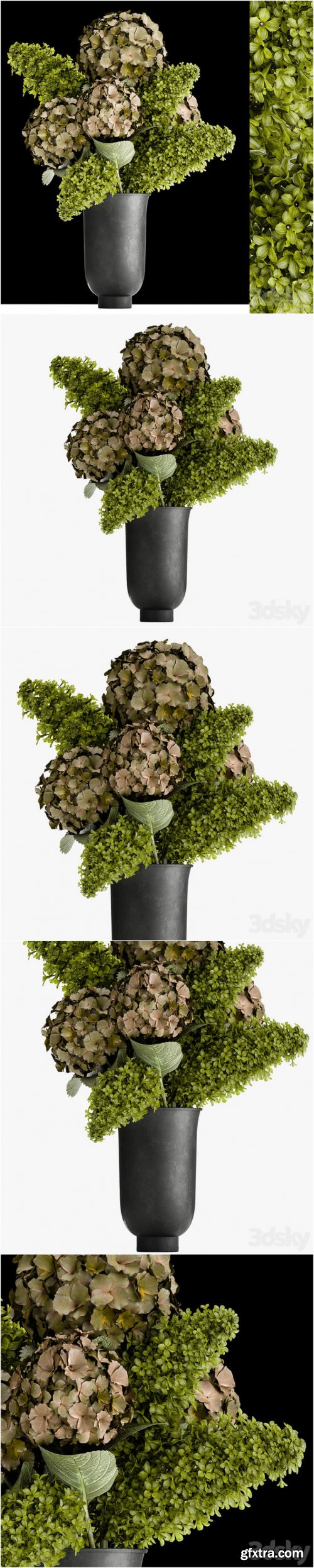 Beautiful modern bouquet of green flowers in a black vase with Hydrangea, green Lilac. 169