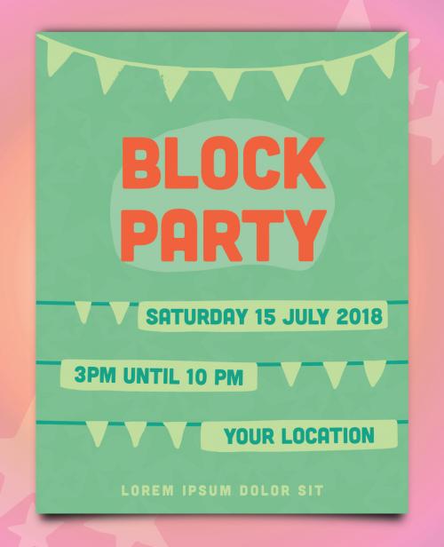 Block Party Poster Layout with Green and Orange Accents - 172751663