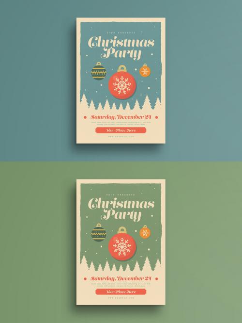 Retro Christmas Party Flyer with Trees and Ornaments - 179911805