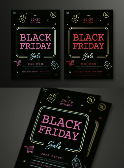 Black Friday Sale Flyer Layouts with Colorful Neon-Style Line Art - 180923744