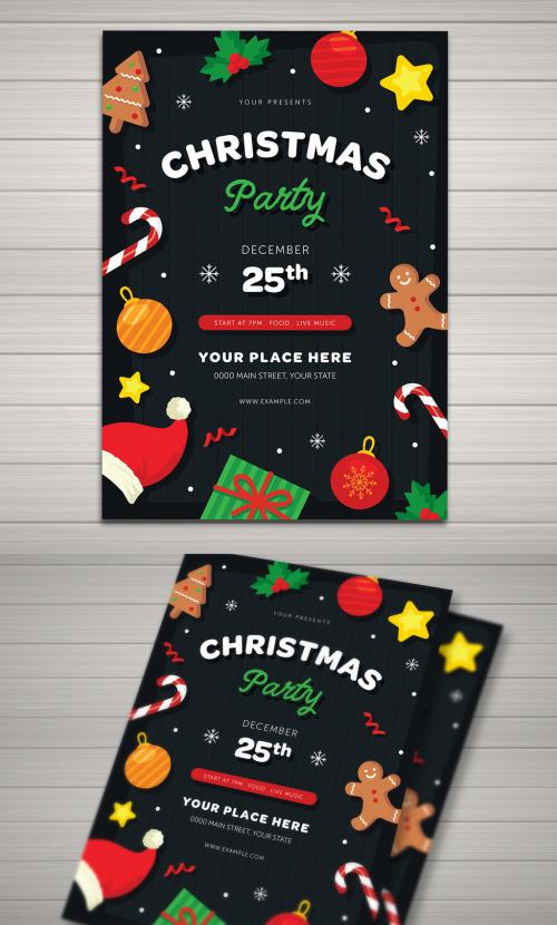 Christmas Party Flyer with Festive Vector Illustrations - 180924063