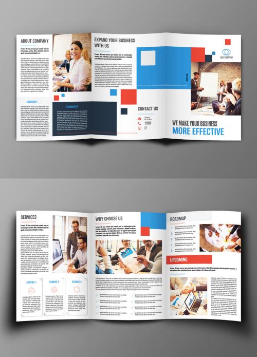 Trifold Brochure Layout with Red and Blue Accents - 181185321