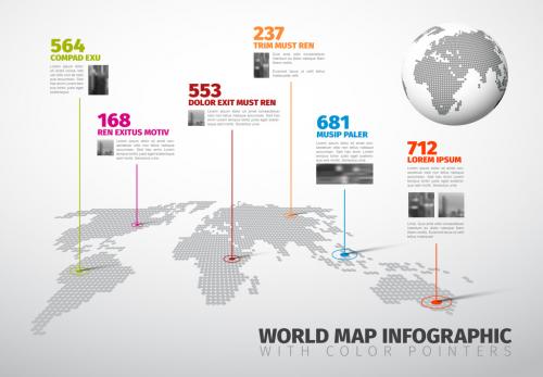 World Map Infographic with Colorful Pointer Marks and Photo Effects - 182166676