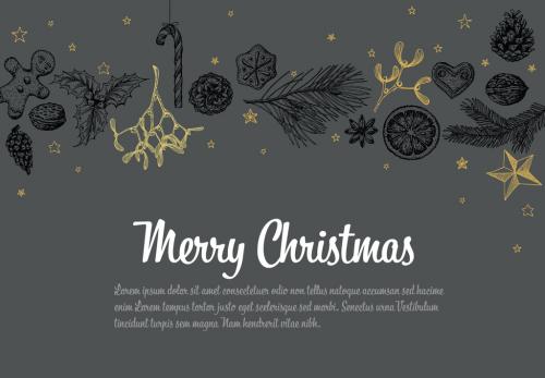 Christmas Card with Hand-Drawn Illustrations on Gray Background - 184606228
