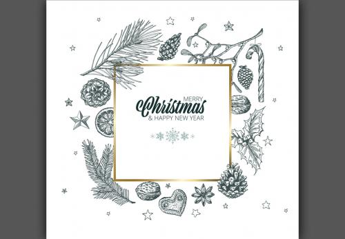 Christmas and New Year's Card with Hand-Drawn Nature Illustrations - 184606238