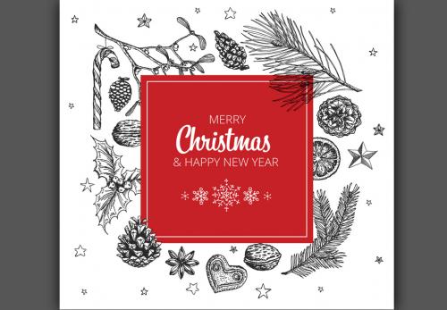 Christmas and New Year's Card with Nature Illustrations in Red and Black - 184606255