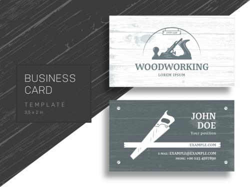 Business Card with Carpentry Tools and Wood Grain Background - 186549216