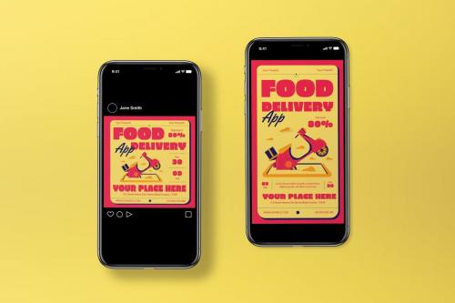 Cream Flat design Food Delivery App Flyer Set