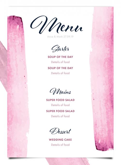 Wedding Menu with Pink Watercolor Brush Strokes - 192085565