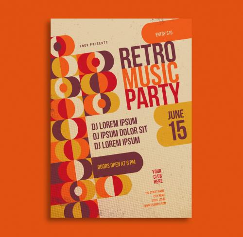 Retro Party Flyer Layout with Orange and Brown Accents - 194351498