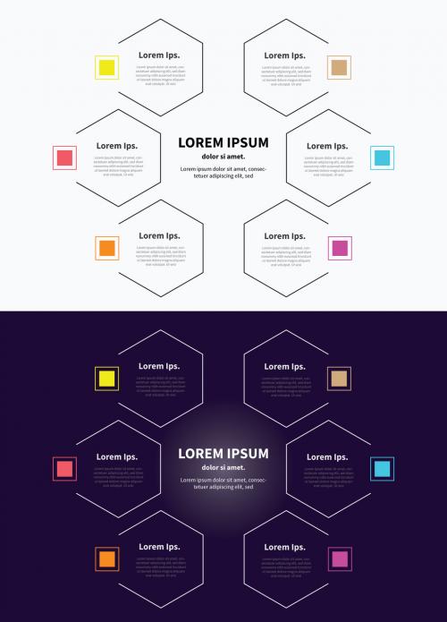 Infographic Layout with Hexagonal Borders and Multicolored Accents 1 - 195042230