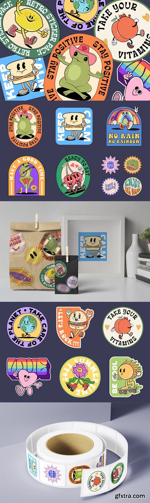 Retro Stickers Pack for Illustrator +PNG