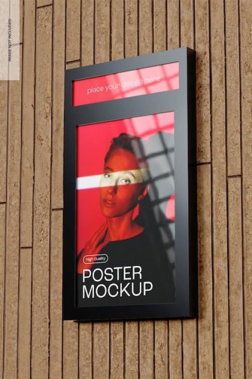 Premium PSD | Poster frame on wood wall mockup, perspective Premium PSD