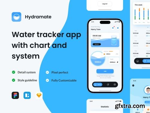 Hydramate - Water tracker app with chart and system Ui8.net