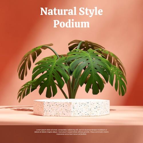 Premium PSD | Hexagon white terrazzo podium in square orange wall and monstera plant 3d render mockup template Premium PSD