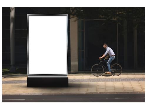 Advertising Kiosk with City Biker Mockup - 199500610