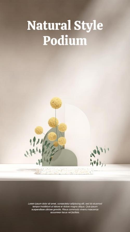 Premium PSD | Mimosa and eucalyptus plant 3d image render empty scene white terrazzo textured podium in portrait Premium PSD