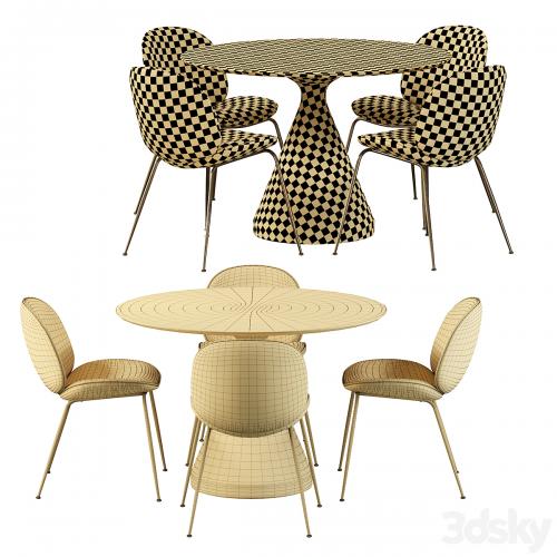 Gubi Beetle Chair and Silhouette Pedestal Round Dining Table