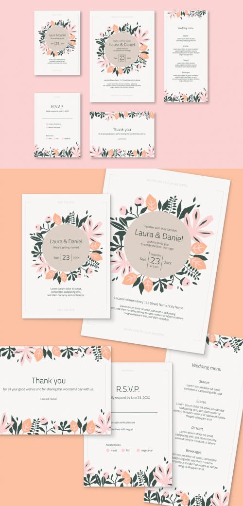 Wedding Invitation Set with Pink and Green Stylized Flowers - 200582628