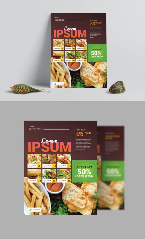 Food & Restaurant Brown Flyer Layout with Yellow and Green Accents - 201897498