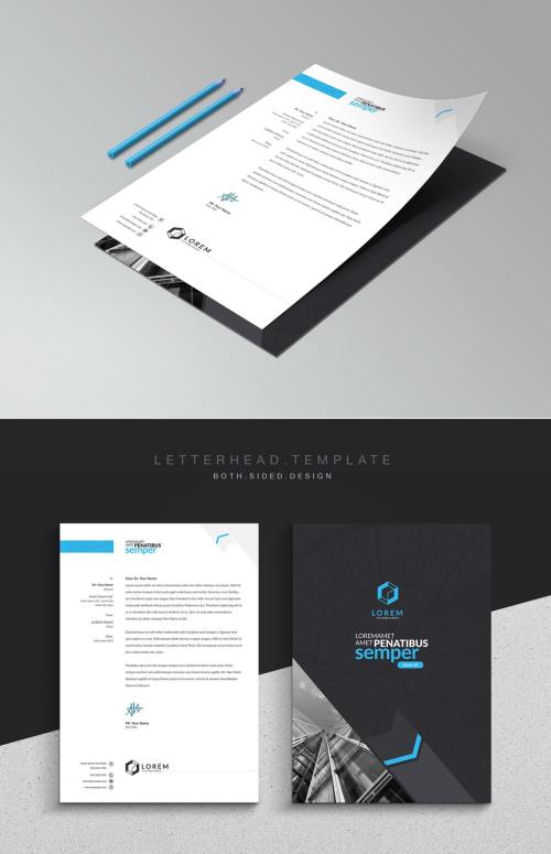 Blue and Dark Gray Letterhead Layout with Compass Illustration - 202400404