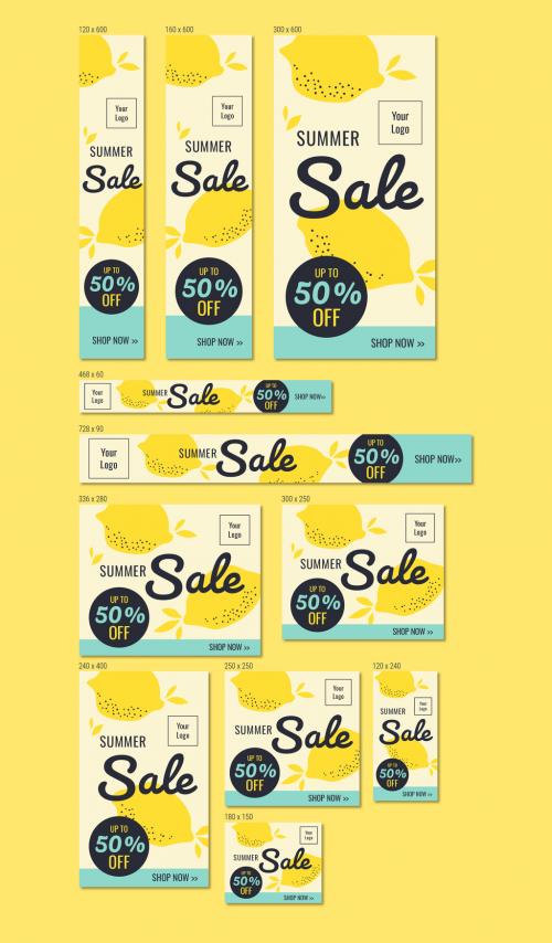 Summer Sale Banner Set with Lemon Illustrations - 202985964