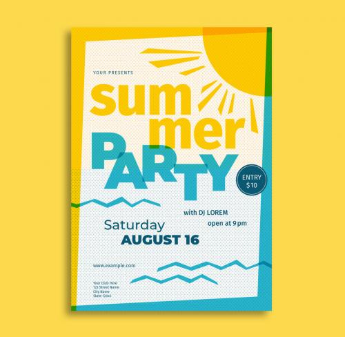 Summer Party Flyer Layout with Sun Illustration - 202987295