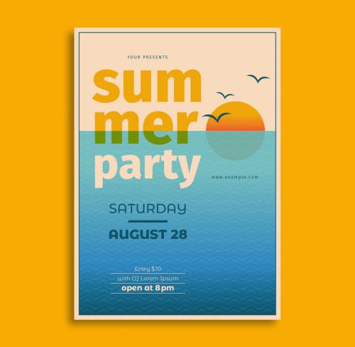 Summer Party Flyer Layout with Sunset Illustration - 202987570