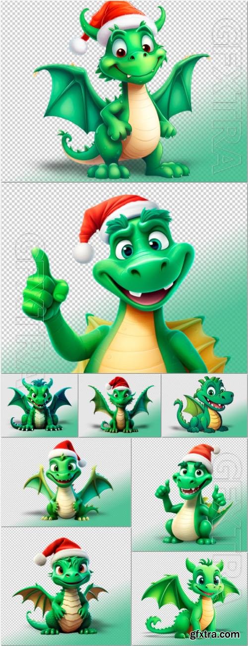 Green cartoon dragon on a transparent background in psd