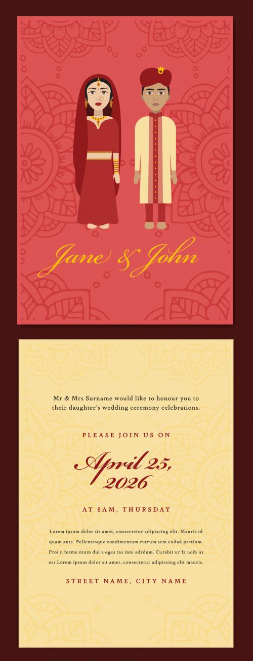 Wedding Invitation Layout with Couple Illustration - 205125449