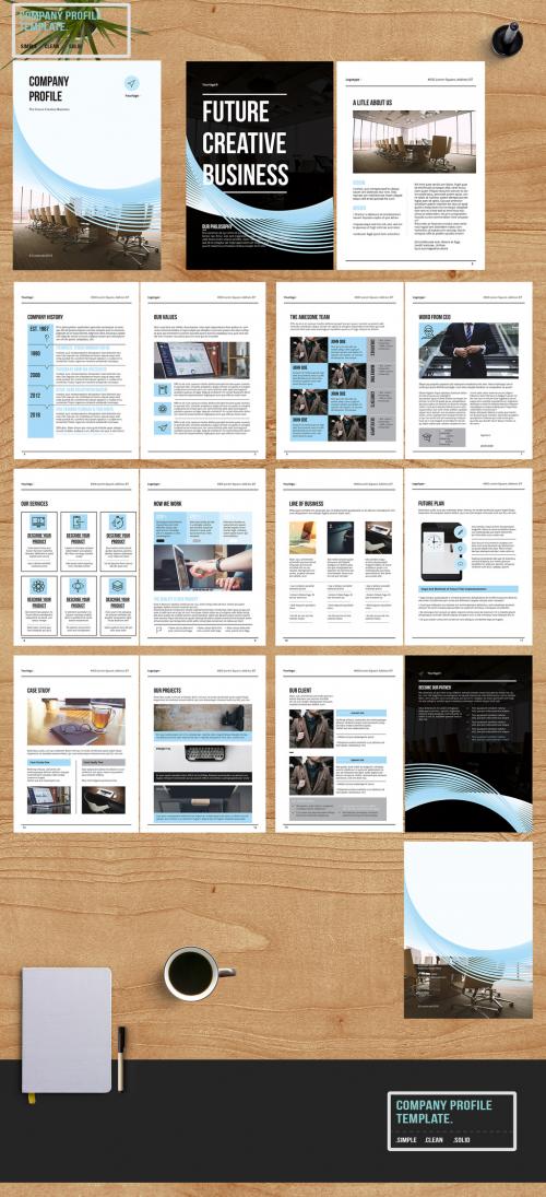 Brochure Layout with Blue Wave Design - 208138588